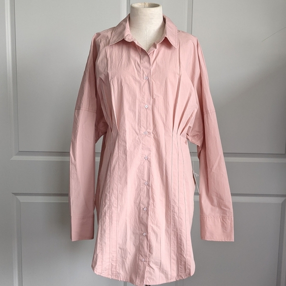 Free People Mini Shirt Dress Long Sleeve Pleats Pintuck Detail Cotton Pink L NWT - Picture 1 of 14